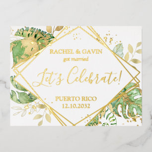 Carte Postale D'invitation À Feuilles D'aluminium Réception moderne Tropical Mariage Elopement