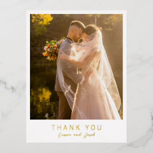 Carte Postale D'invitation À Feuilles D'aluminium Remerciement de mariage moderne avec photo simple
