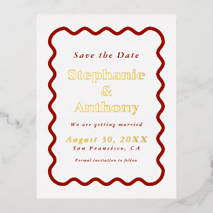 Carte Postale D'invitation À Feuilles D'aluminium Rétro années 50 Bord ondulé Mariage Rouge foncé   