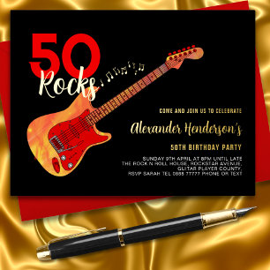 Carte Postale D'invitation À Feuilles D'aluminium Rock and Roll 50e Anniversaire Fête Black Gold