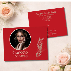 Carte Postale D'invitation À Feuilles D'aluminium Rose Aquarelle Rouge Feuille d'Or Photo 21e Annive