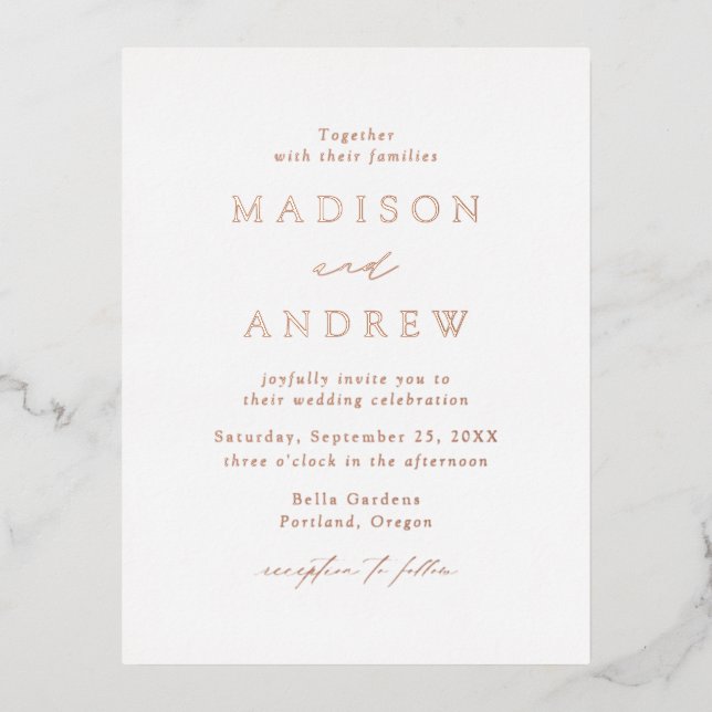 Carte Postale D'invitation À Feuilles D'aluminium Rose d'or Elegance moderne Mariage (Recto)