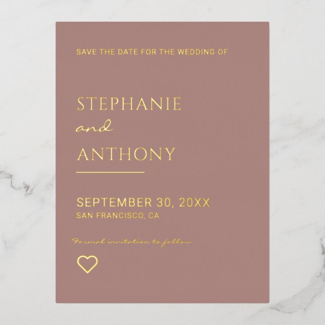 Carte Postale D'invitation À Feuilles D'aluminium Rose Dusty Minimaliste Et Mariage Gold Heart (Recto)