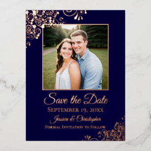 Carte Postale D'invitation À Feuilles D'aluminium Rose Gold Élégant sur Photo de Save the Date Navy