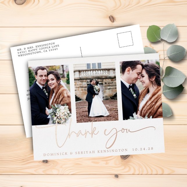 Carte Postale D'invitation À Feuilles D'aluminium Rose Gold Foil Script Photo Mariage Merci (Rose Gold Foil Script Photo Wedding Thank You Foil Invitation Postcard)