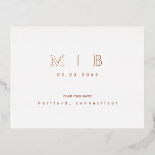 Carte Postale D'invitation À Feuilles D'aluminium Rose Gold Monogramme mariage Enregistrer la date