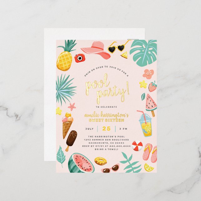 Carte Postale D'invitation À Feuilles D'aluminium Rose | Watermelon Pineappon Tropical Pool Party (Recto/Verso)