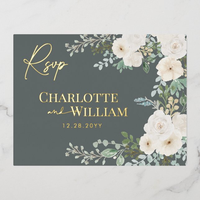 Carte Postale D'invitation À Feuilles D'aluminium Roses blanches rustiques Verdure Botanique moderne (Recto)