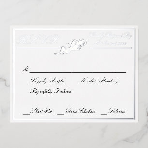 Carte Postale D'invitation À Feuilles D'aluminium Roses, mariage blanc RSVP Silver