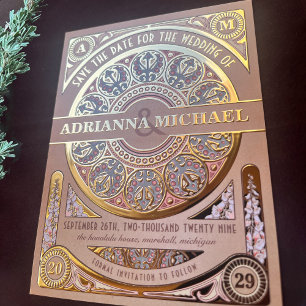 Carte Postale D'invitation À Feuilles D'aluminium Royal Nouveau Or Foilée Date à Sauvegarder