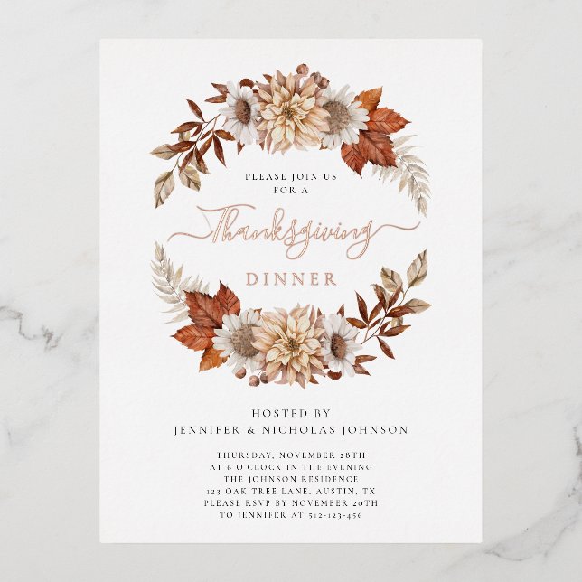 Carte Postale D'invitation À Feuilles D'aluminium Russe Automne Floral Thanksgiving Dîner (Recto)