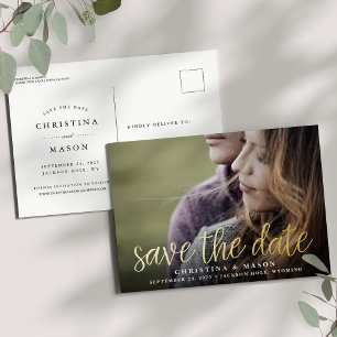 Carte Postale D'invitation À Feuilles D'aluminium Script manuscrit   Mariage photo Enregistrer la da