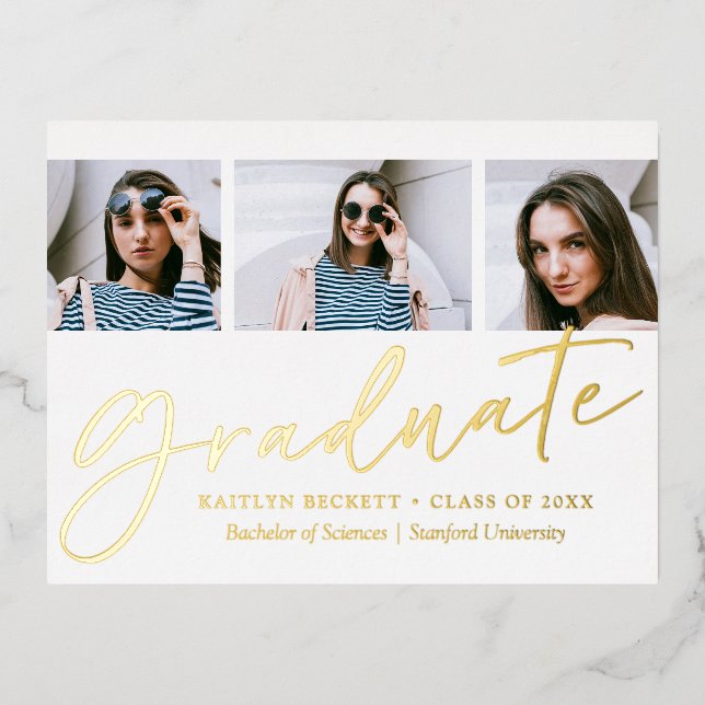 Carte Postale D'invitation À Feuilles D'aluminium Script tendance 3 Photo Graduation Real (Recto)