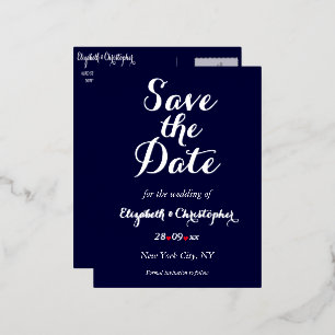 Carte Postale D'invitation À Feuilles D'aluminium Simple Elegant Marine Blue Wedding Enregistrer la 