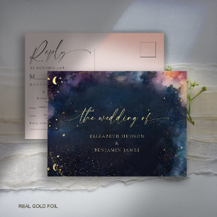 Carte Postale D'invitation À Feuilles D'aluminium Star Celestial Midnight Blue Mariage Gold Réponse