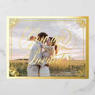 Carte Postale D'invitation À Feuilles D'aluminium Tourbillonnant Ornate Vous Êtes Invité Photo Maria