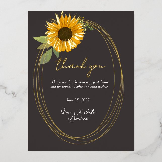Carte Postale D'invitation À Feuilles D'aluminium Tournesol jaune Floral Moderne Merci   (Recto)