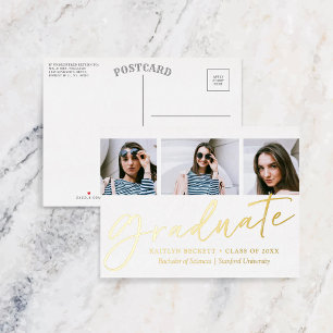Carte Postale D'invitation À Feuilles D'aluminium Trendy Script 3 Photo Graduation Réel