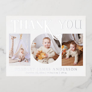 Carte Postale D'invitation À Feuilles D'aluminium Trois photos de nouveau-né remerciements et détail