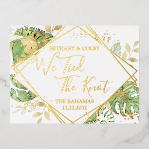 Carte Postale D'invitation À Feuilles D'aluminium Tropical We Tied the Knot Elopement Réception