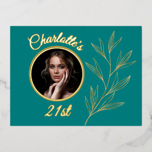 Carte Postale D'invitation À Feuilles D'aluminium Turquoise bleu pâle jaune et feuille d'or graphiqu