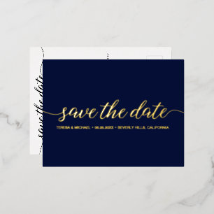 Carte Postale D'invitation À Feuilles D'aluminium Typographie de script moderne Mariage d'or bleu