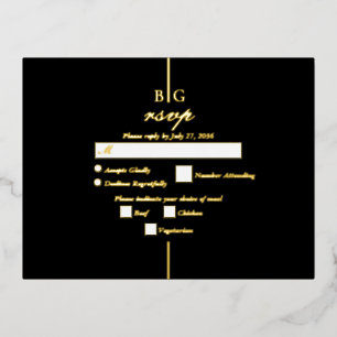 Carte Postale D'invitation À Feuilles D'aluminium Véritable Gold Foil Noir Monogramme Mariage RSVP