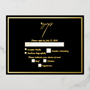 Carte Postale D'invitation À Feuilles D'aluminium Véritable Gold Foil Noir & Or Mariage RSVP