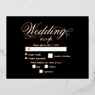 Carte Postale D'invitation À Feuilles D'aluminium Véritable Rose Gold Foil Élégant Noir Mariage RSVP