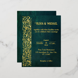 Carte Postale D'invitation À Feuilles D'aluminium Vert foncé vintage avec huile d'or