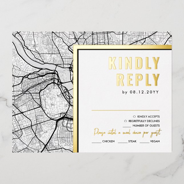 Carte Postale D'invitation À Feuilles D'aluminium Washington, DC. Localisateur d'amour | Réponse RSV (Recto)