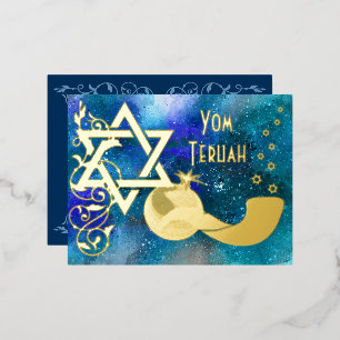 Carte Postale D'invitation À Feuilles D'aluminium Yom Teruah Star Shofar Blue Real Gold Foil Card