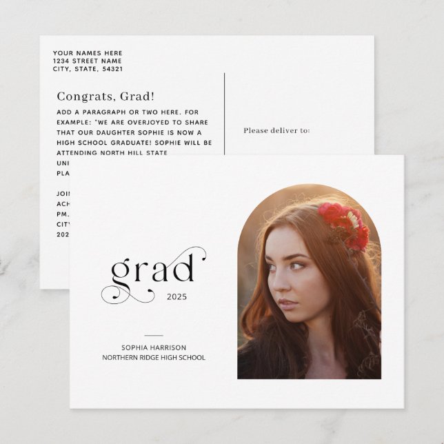 Carte Postale Diplômé en Arc Typographie moderne 1-Photo Graduat (Devant / Derrière)