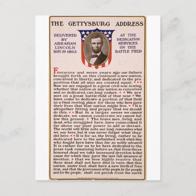 Carte Postale Discours de Gettysburg par Abraham Lincoln 1863 (Devant)