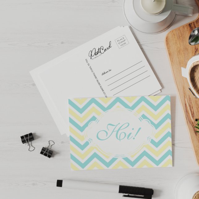 Carte Postale Dites Hi Yellow Aqua Fun Zig Zag Pastel Custom (Créateur téléchargé)