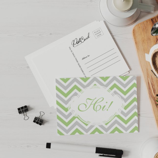 Carte Postale Dites Salut Grey Vert Fun Zig Zag Pastel Personnal (Créateur téléchargé)