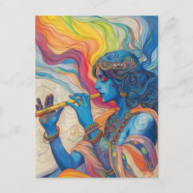 Carte Postale Divin Seigneur Krishna Jouant de la Flûte Surreali (Devant)