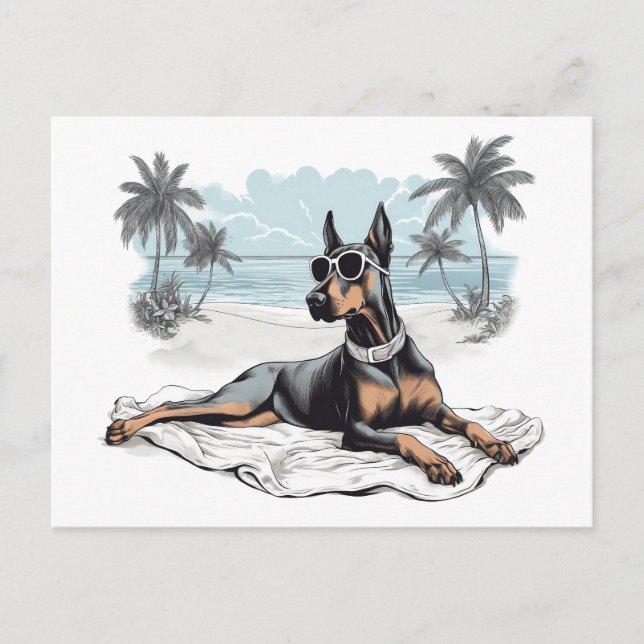 Carte Postale Doberman avec lunettes de soleil à la plage (Devant)