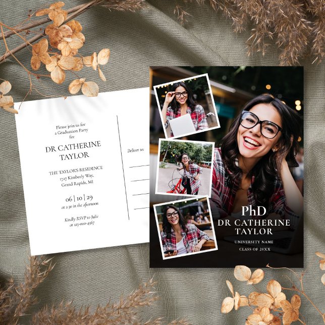 Carte Postale Doctorat Diplôme 4 Photo Graduation Party Invitati (PhD Degree 4 Photo Graduation Party Invitation Postcard)