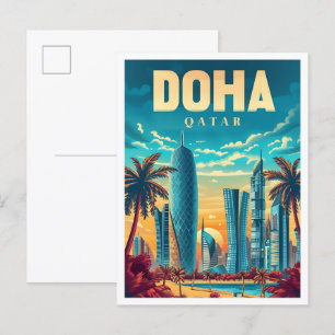 Carte Postale Doha Qatar Art Vintage Illustration de voyage