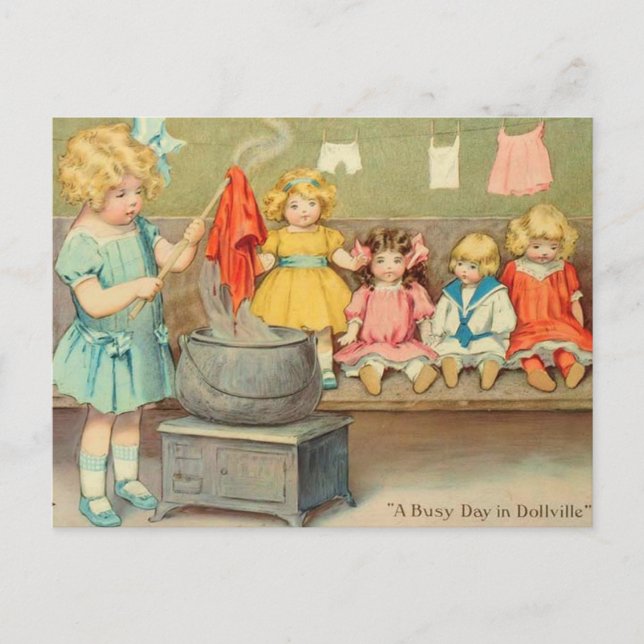 Carte Postale Dolly Lave fille Vintage Jouer Poupées mignonne (Devant)