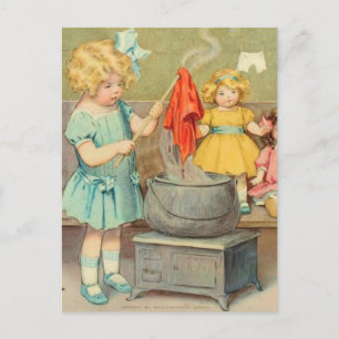 Carte Postale Dolly Lave fille Vintage Jouer Poupées mignonne