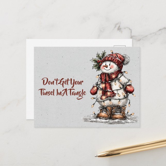 Carte Postale Don't Get Your Tinsel In A Tangle Snowman  (Devant/Arrière en situation)