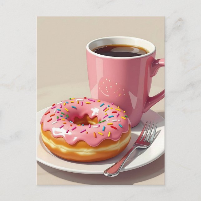Carte Postale Donut et café roses | Rester en contact (Devant)