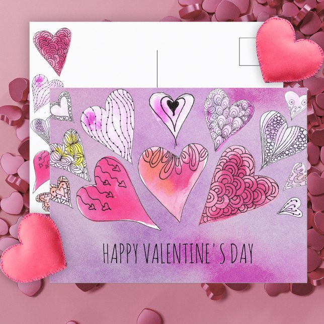 Carte Postale Doodle romantique Aquarelle Coeurs Saint-Valentin (Créateur téléchargé)