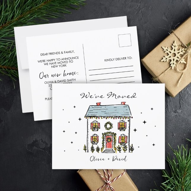 Carte Postale Doodles à main Faire-part de déménagement de Noël (Hand-Drawn Doodles Christmas Moving Announcement Postcard
)