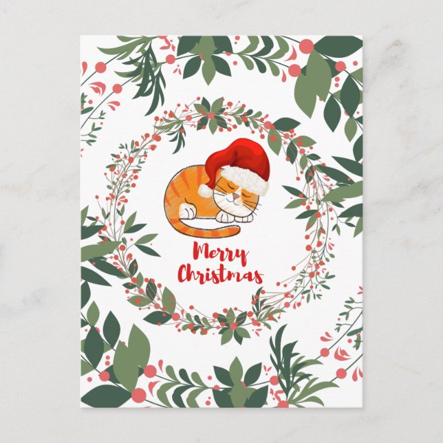 Carte Postale Dormir Chat de Noël Aquarelle Wreath Verdure (Devant)