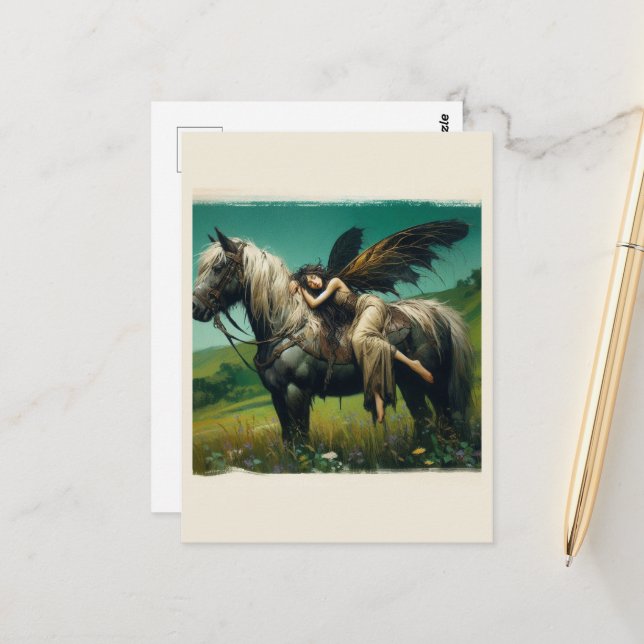 Carte Postale Dormir de fée sur un cheval (Devant/Arrière en situation)