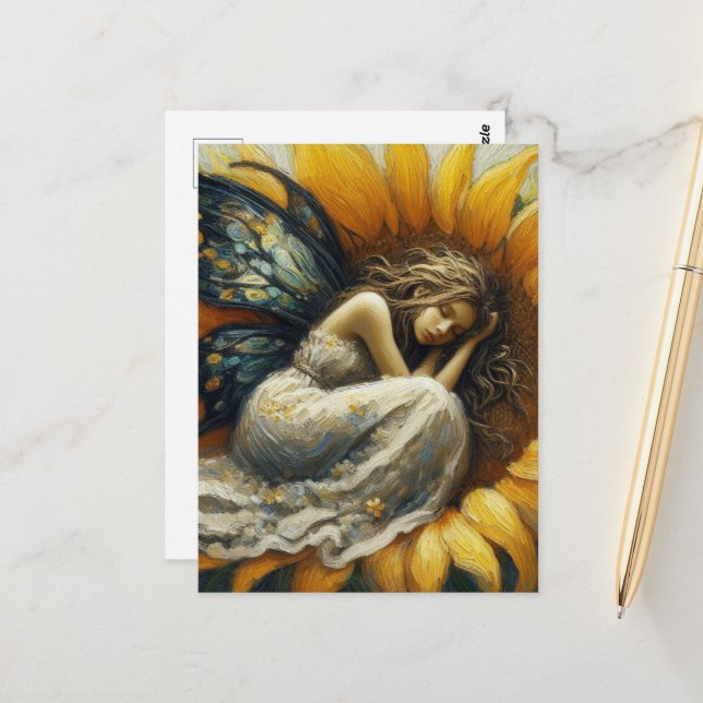 Carte Postale Dormir de fée sur un tournesol (Devant/Arrière en situation)
