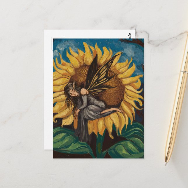 Carte Postale Dormir de fée sur une peinture de tournesol (Devant/Arrière en situation)